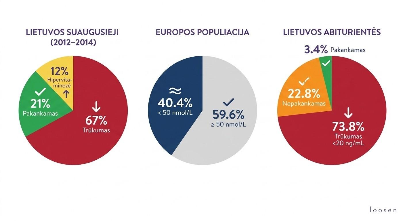 Vitamino D trūkumas: simptomai, priežastys ir kaip atstatyti normą Vitamino D trūkumo paplitimas Lietuvoje ir Europoje: skritulinės diagramos rodančios, kad 67 % lietuvių suaugusiųjų ir 73,8 % abiturienčių turi vitamino D trūkumą